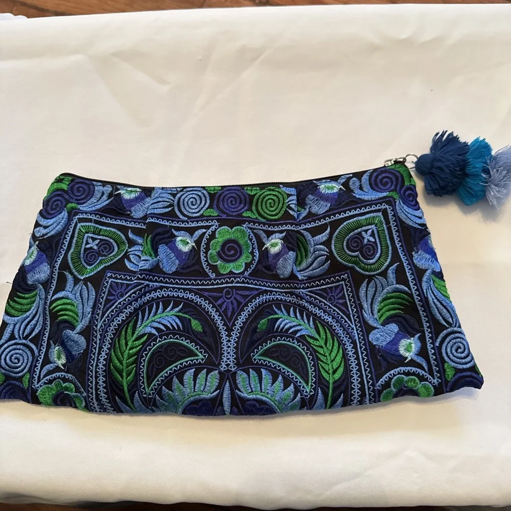 Embroidered‎ Clutch Wallet Beads Boho Tassel Blue Green Floral Festival